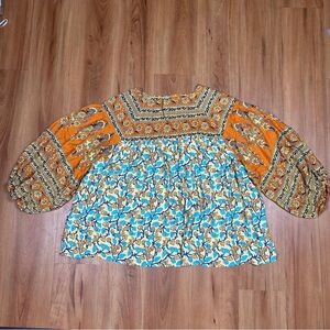 R.Vivimos Women Floral Orange and Blue Boho 3/4 Sleeve Blouse
